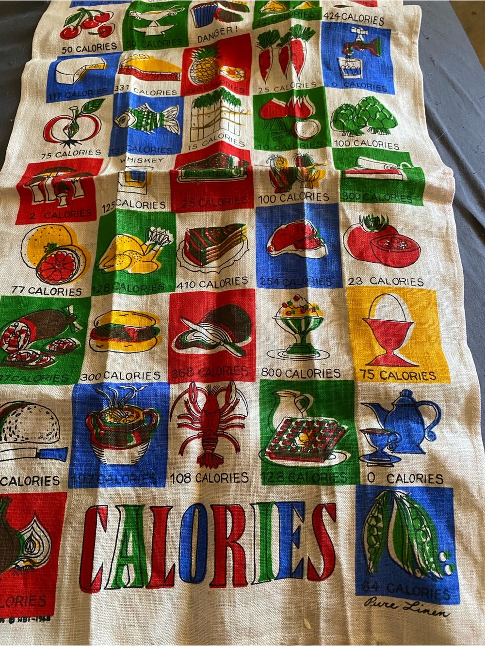 Vintage 1960 Calories Print Cotton Kitchen Tea Towel - Multicolor